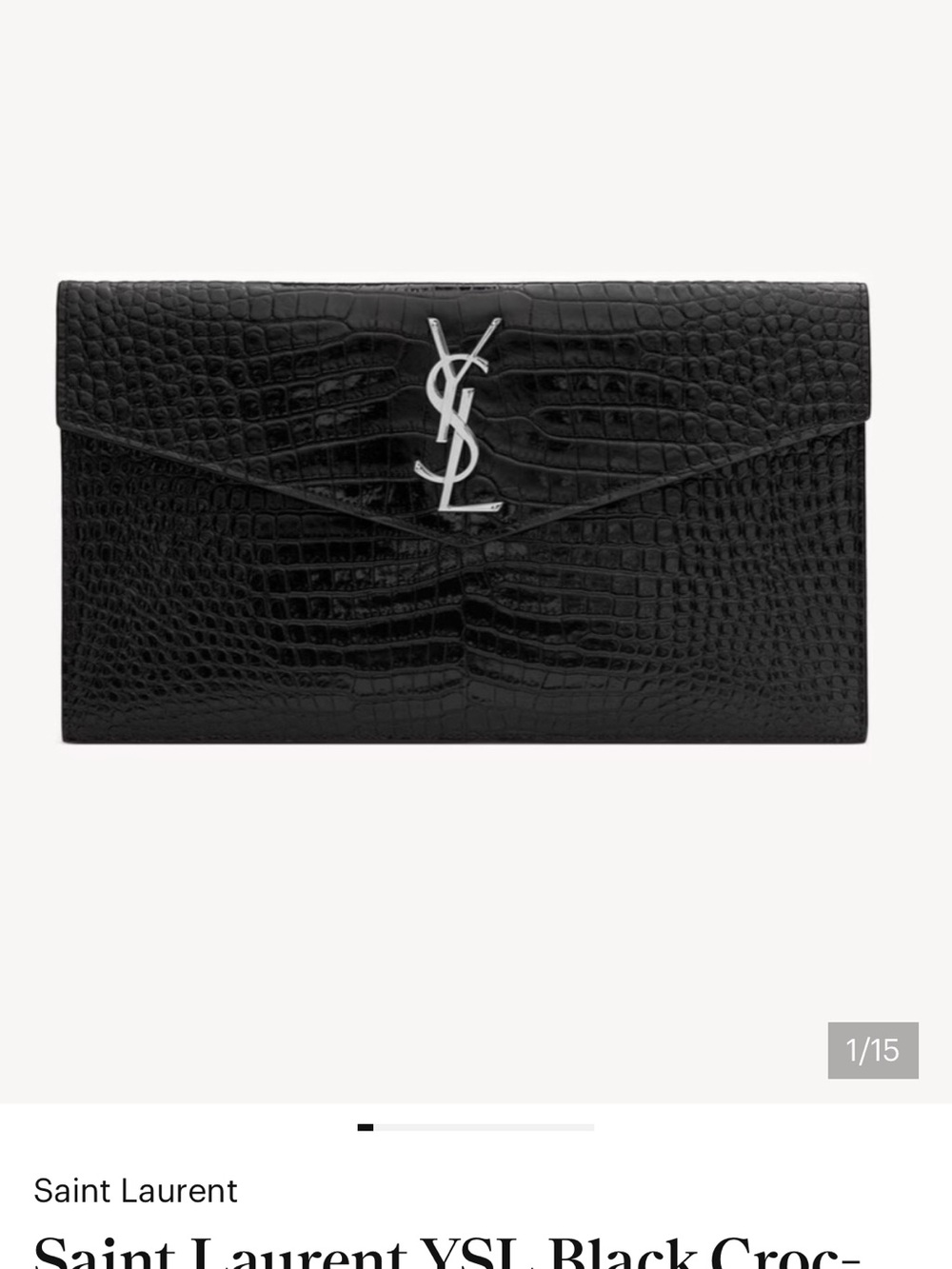 Saint Laurent Black Croc-Embossed YSL Envelope Clutch with Silver Logo